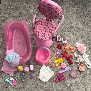 Doll bath time, potty, and hair accessory bundle 38 pieces!